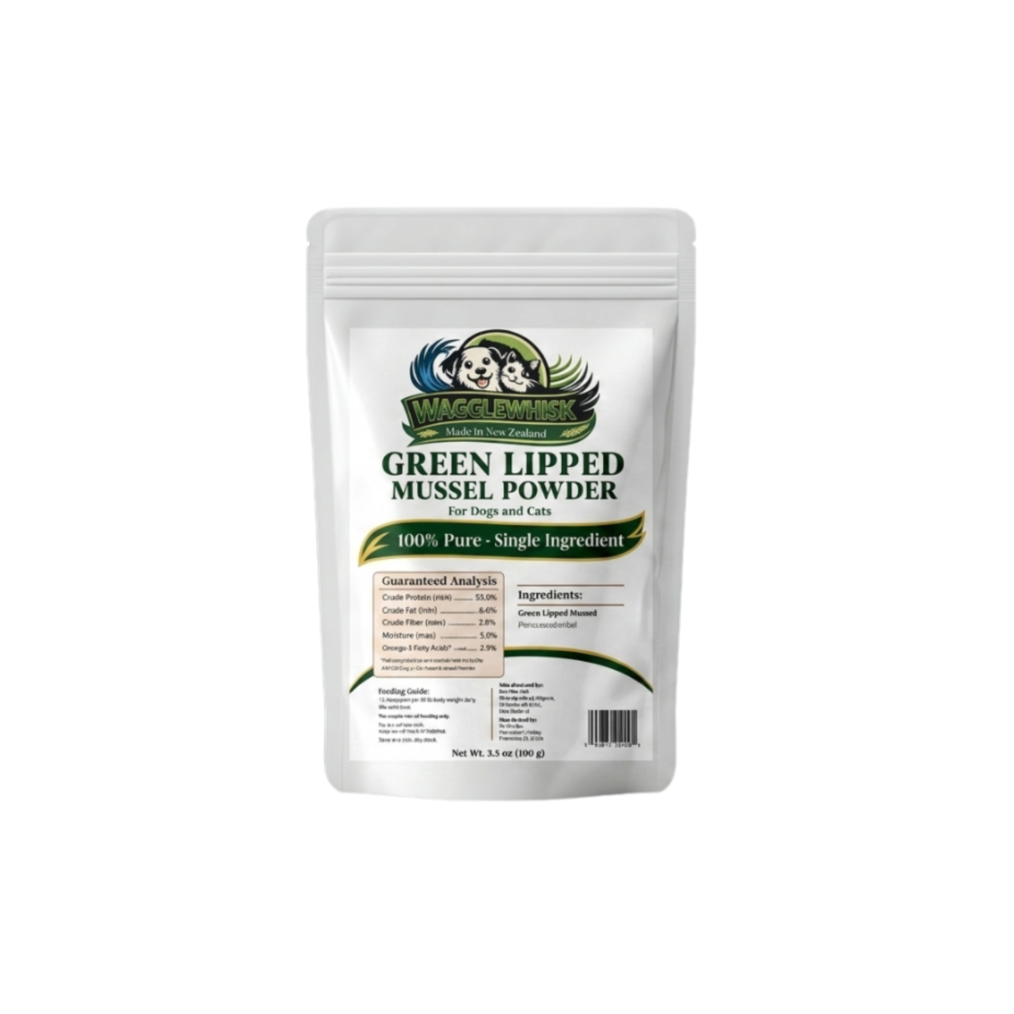 Wagglewhisk Green Lipped Mussel Powder Pet Joint Supplement – Made in New Zealand – 100% Pure Single Ingredient Dog & Cat Vitamin for Joints & Mobility, 3.5 oz (100g)