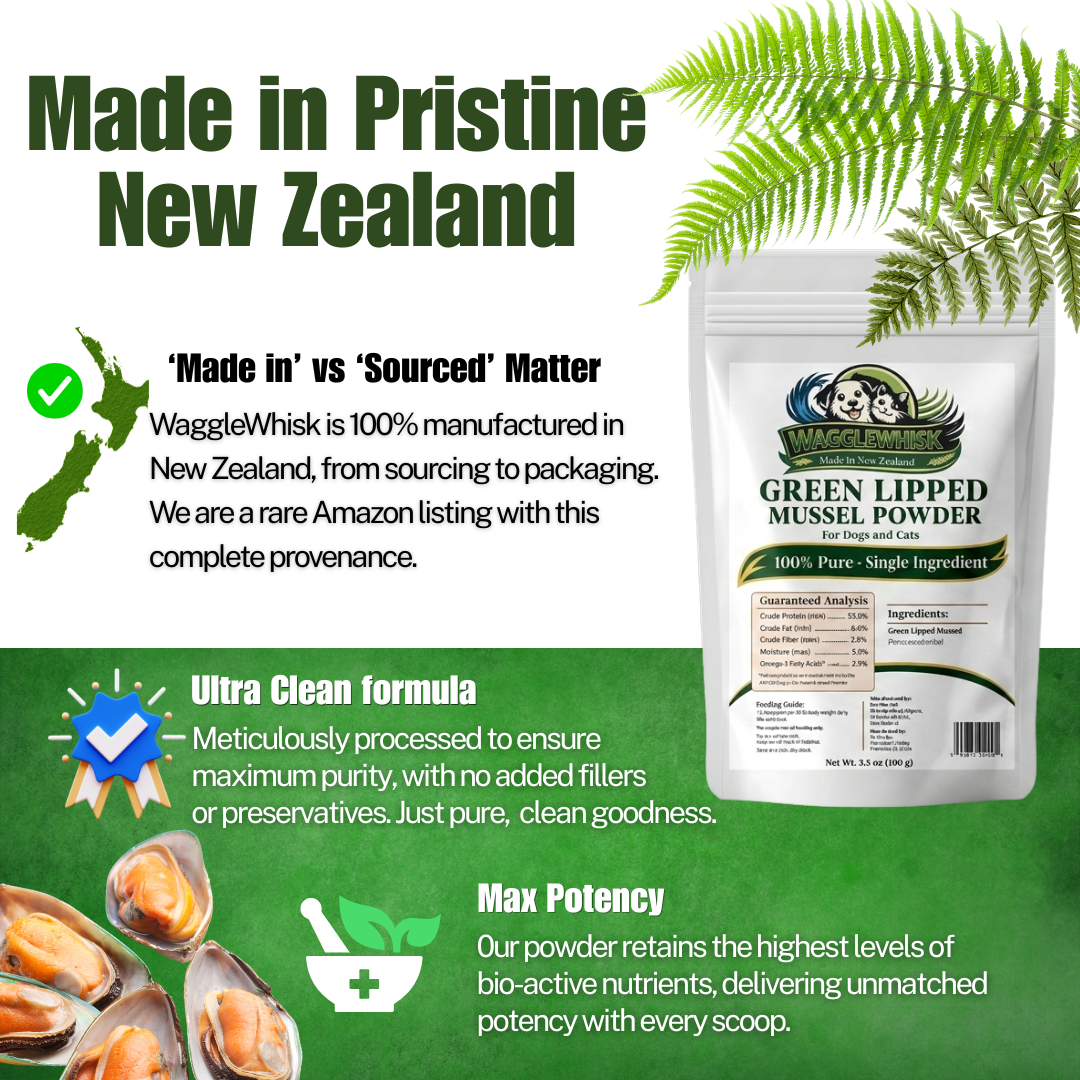 Wagglewhisk Green Lipped Mussel Powder Pet Joint Supplement – Made in New Zealand – 100% Pure Single Ingredient Dog & Cat Vitamin for Joints & Mobility, 3.5 oz (100g)