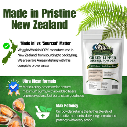 Wagglewhisk Green Lipped Mussel Powder Pet Joint Supplement – Made in New Zealand – 100% Pure Single Ingredient Dog & Cat Vitamin for Joints & Mobility, 3.5 oz (100g)